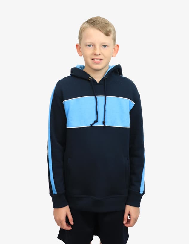 A navy blue hoodie with light blue stripes and a hood, featuring a branding logo.