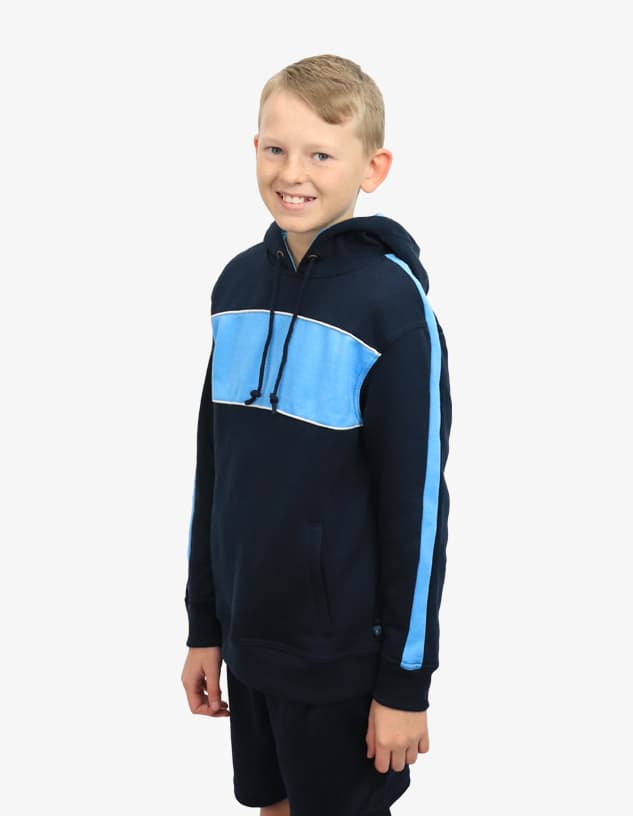 A navy hoodie with a light blue stripe across the chest and down the sleeves. The hoodie has a front pocket and a drawstring hood.