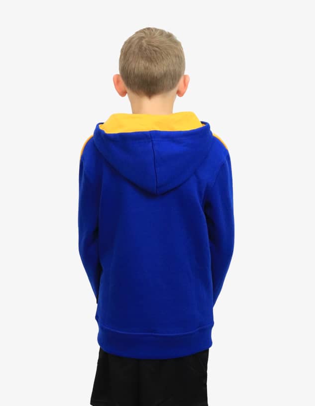 A blue and yellow hoodie featuring a back view of a child wearing it, with a logo displayed on the garment.