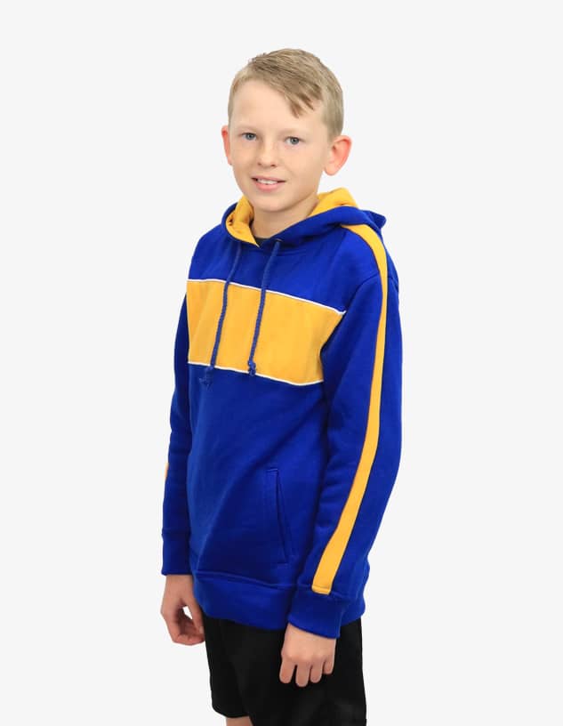 A boy wearing a blue hoodie with yellow stripes and a front pocket. The hoodie has a drawstring hood and a logo.