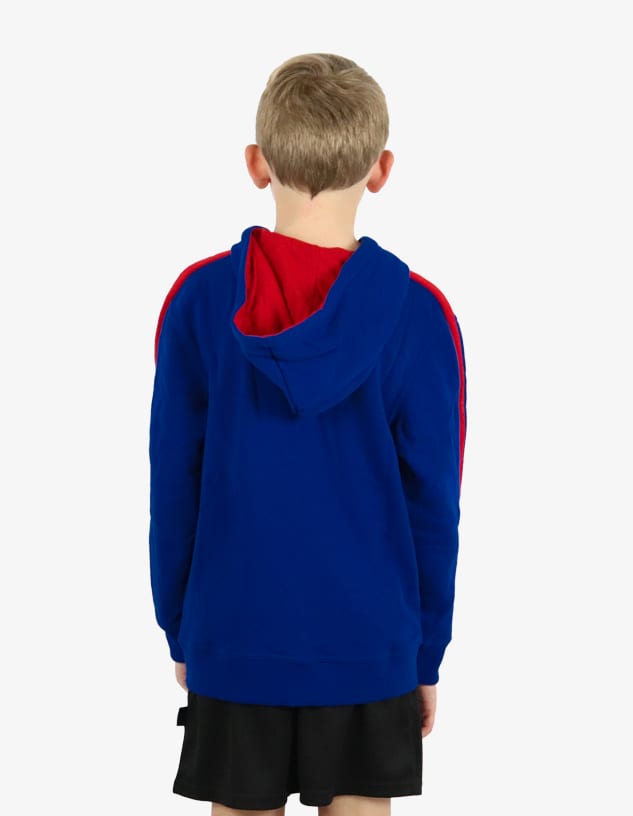A blue hoodie with a red interior and side accents, featuring a hood and long sleeves. It has a logo on the front.