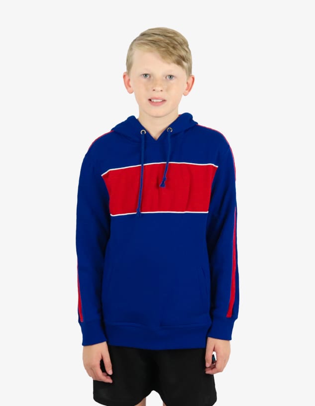 A blue and red hoodie with a front stripe, featuring a hood and drawstring, modelled by a child.