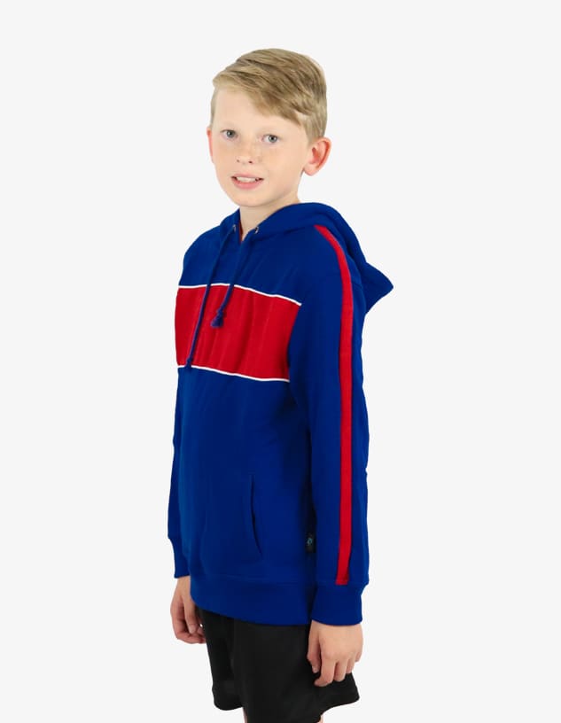 A blue hoodie with red stripes, featuring a hood and front pockets, worn by a child. It has a logo on it.