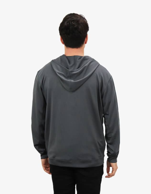 A grey hoodie with a hood, showcasing the back view of the product. It features a logo on the fabric.