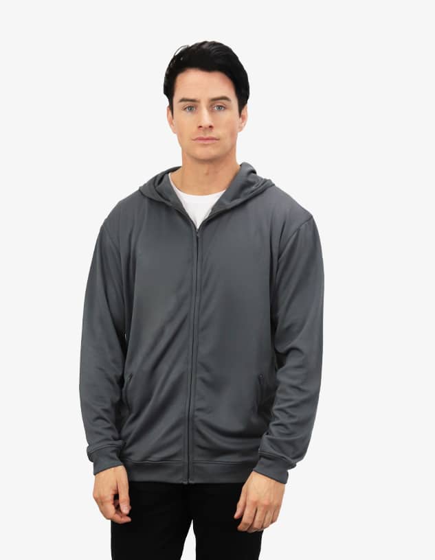 A grey hoodie with a zip front and a hood, featuring a logo on the front.