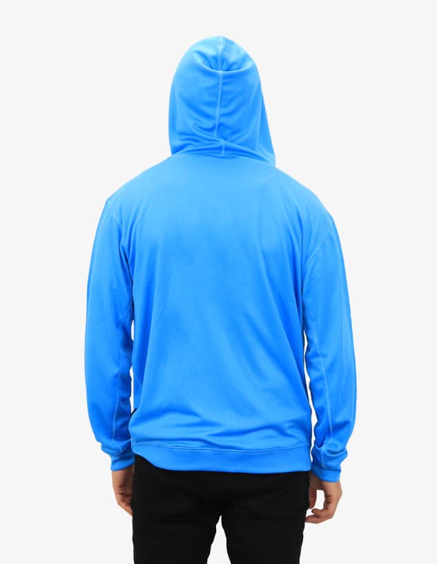 A blue hoodie with a drawstring hood, featuring a plain design and a logo on the back.