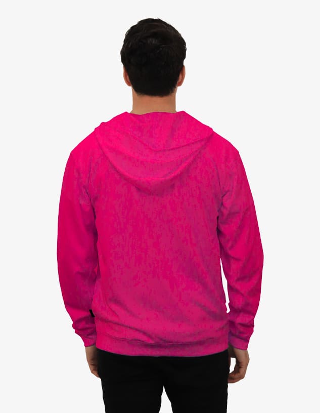 A vibrant pink hoodie with a hood, featuring a minimalist design and a branding logo on the back.