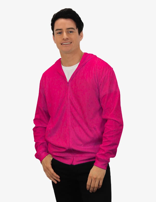 A pink hoodie with a zip and a logo, featuring a male model standing.