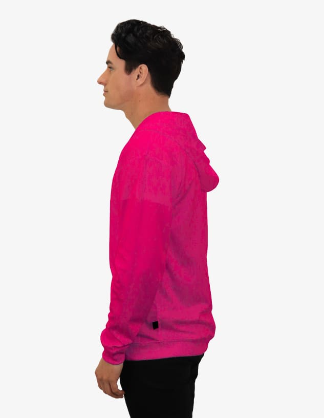 A bright pink hoodie with a hood, featured in a side view. The garment has a logo on it.