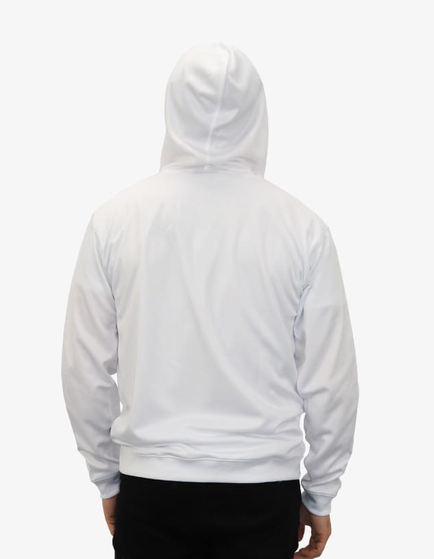 A white hoodie featuring a kangaroo pocket and a hood, with a logo on the back.