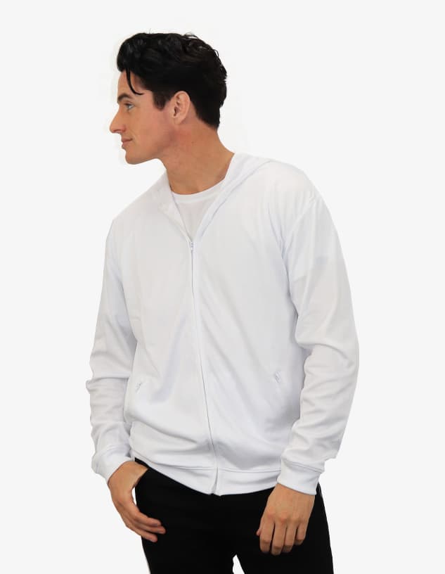 A white hoodie featuring a zip front and pockets, displayed on a model in profile. It has a logo on the garment.