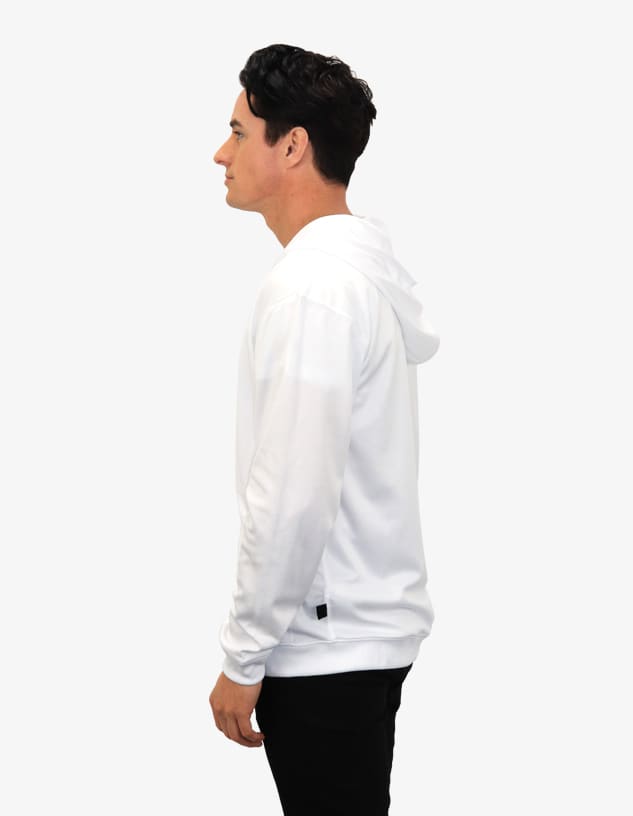 A white hoodie featuring a logo, displayed on a mannequin from the side.