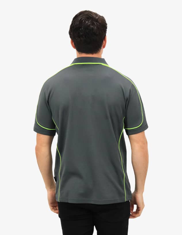 A grey polo shirt with green piping details, featuring a logo on the back.