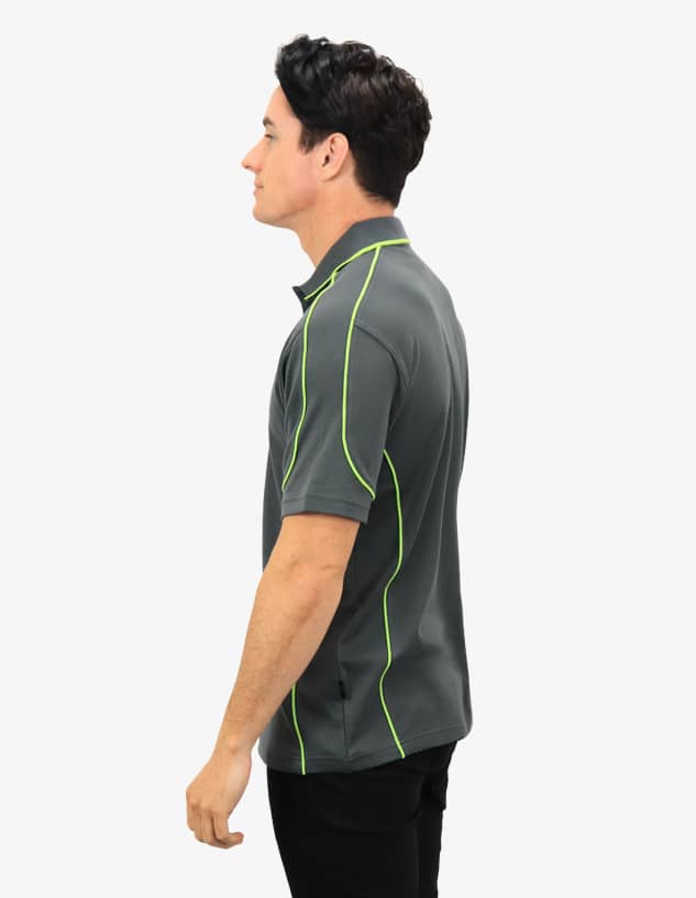 A grey polo shirt with green piping, featuring a logo on the front. Suitable for casual or workwear.