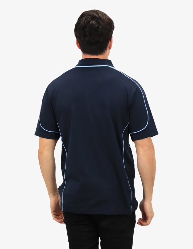 A navy polo shirt featuring light blue piping and a logo, viewed from the back.