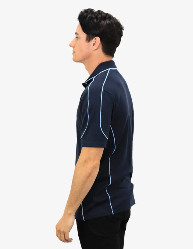 A navy polo shirt with light blue detailing. The shirt features a logo on the chest area.