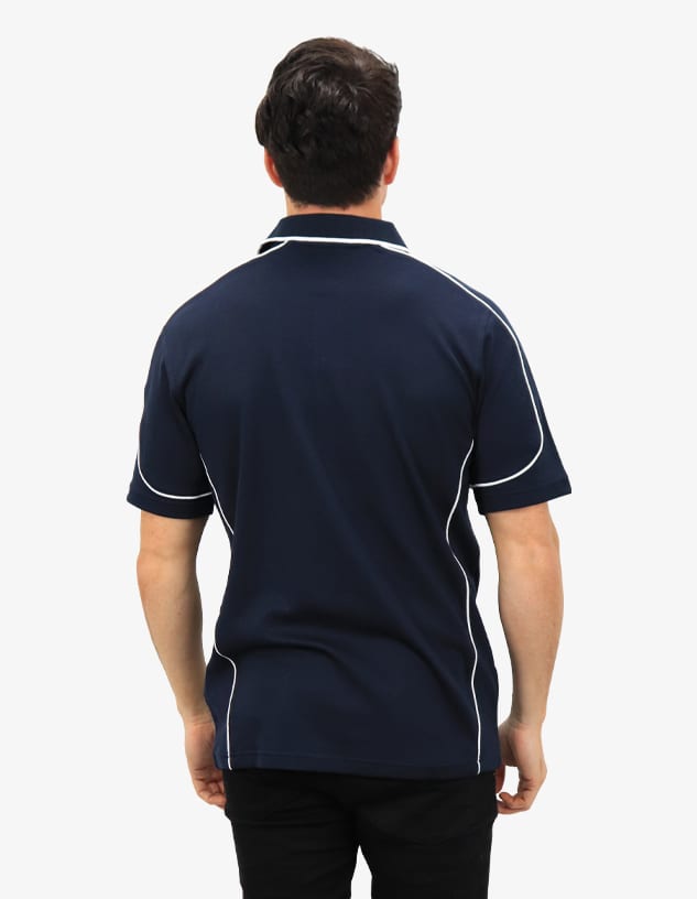 A navy polo shirt with white piping details, displaying a logo on the upper back area.