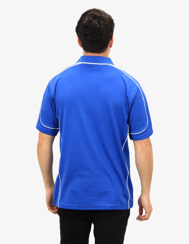 A blue polo shirt featuring white piping details and a logo on the back.