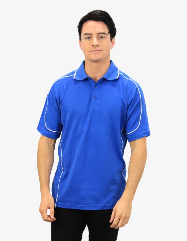 A blue polo shirt with white piping, featuring a standard collar and short sleeves, displayed on a model.