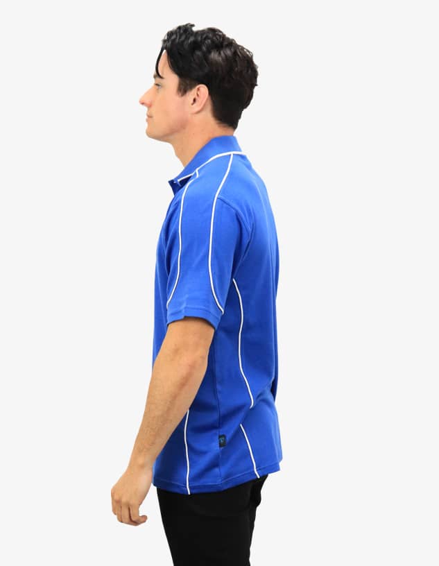 A blue polo shirt with white piping features. The shirt has a logo on it and is shown from the side.