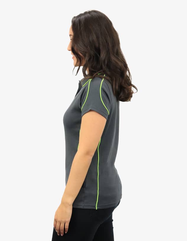 A grey polo shirt with neon green piping, featuring a logo. The shirt has a fitted style and short sleeves.