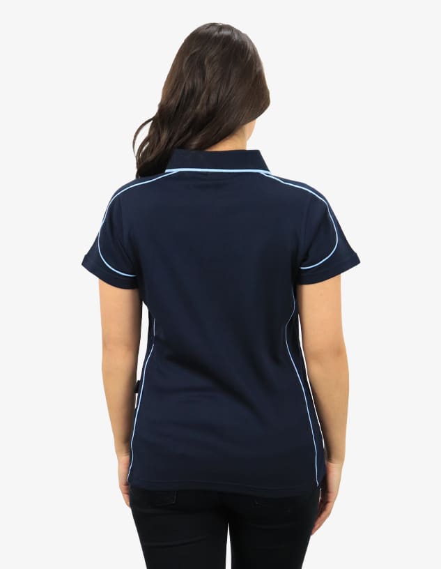 A navy polo shirt with light blue piping on the shoulders and sleeves, featuring a branded logo.