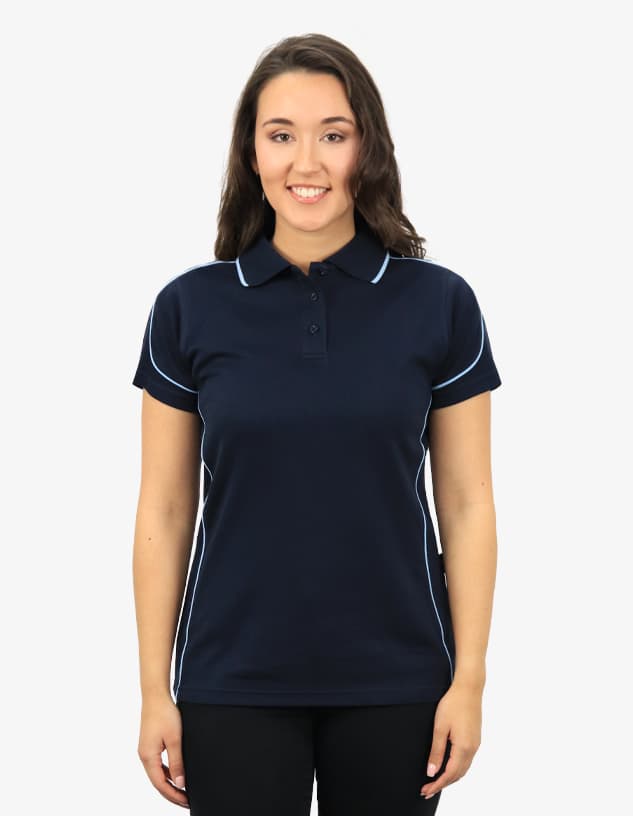 A navy polo shirt with light blue piping, featuring a collar and short sleeves, modelled by a woman.