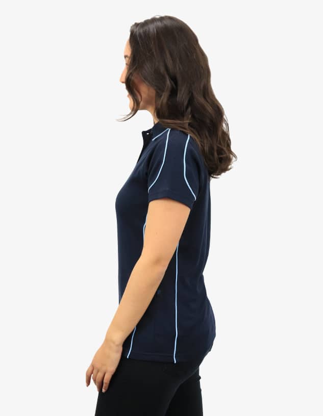 A polo shirt in navy blue with light blue accent stitching. It has a logo on the chest and a fitted style.