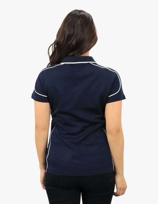 A navy blue polo shirt with white piping, viewed from the back, featuring a logo.