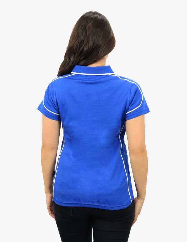 A blue polo shirt with white trim, featuring a collar and short sleeves, displayed from the back.