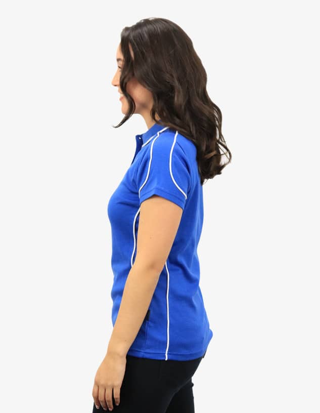 A blue polo shirt featuring white piping, displayed on a model from the side. It has a logo on the chest.