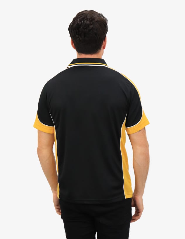A black and yellow polo shirt with a logo, showing the back view on a model.