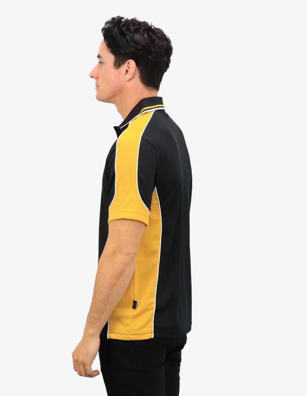 A polo shirt in black with yellow and white detailing, featuring a logo on the chest.