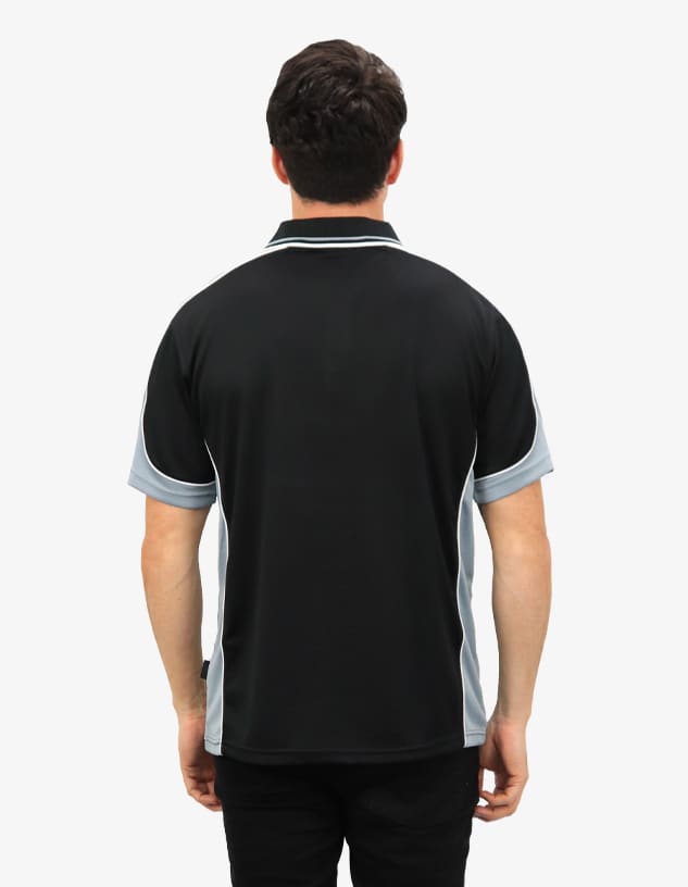 A black polo shirt with light grey accents, featuring a logo on the back.