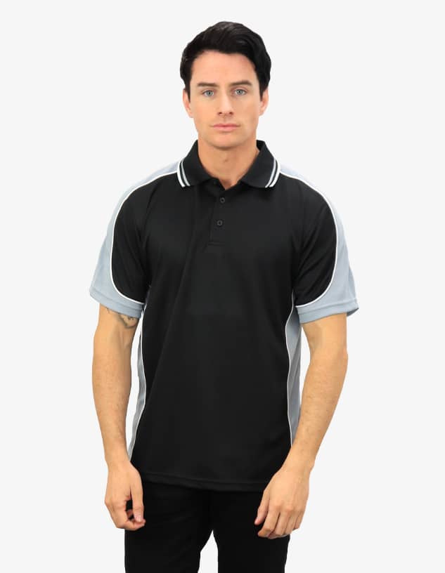 A black and grey polo shirt featuring a branded logo. The shirt has a classic collar and short sleeves.