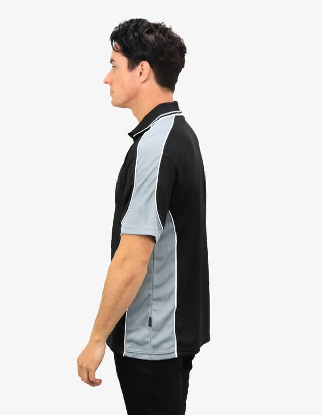 A black and grey polo shirt with a logo, featuring a side view of a model wearing it.