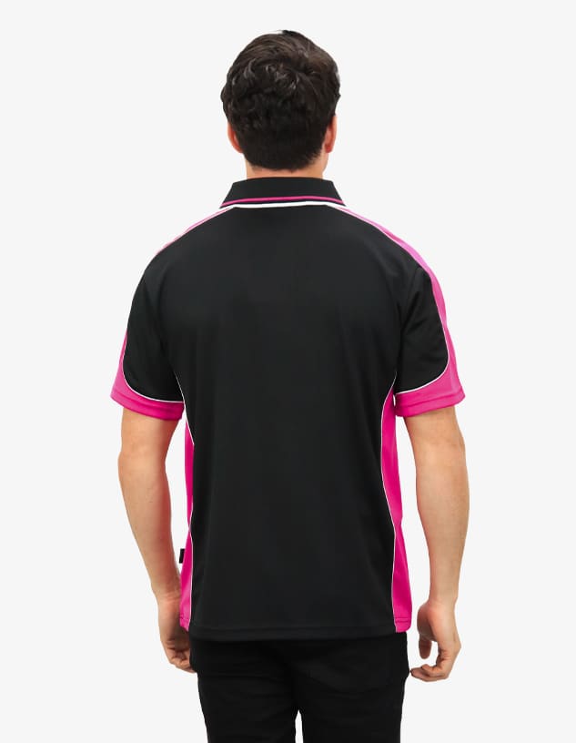 A black polo shirt with pink accents and a logo on the back.