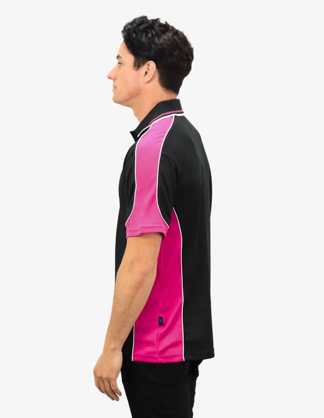 A black polo shirt with pink side panels and a logo on the chest.