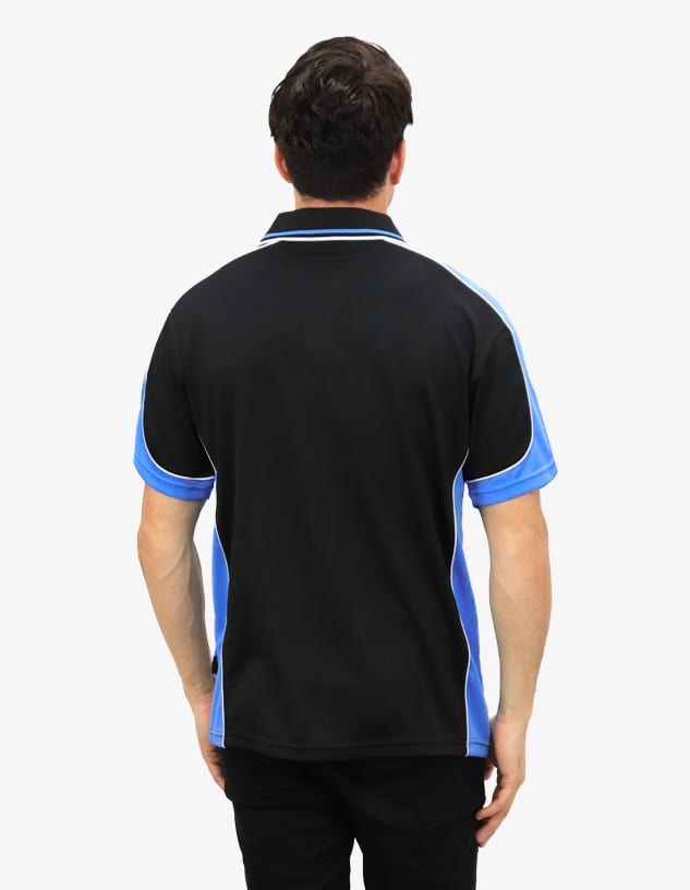 A black and blue polo shirt with contrasting colours and a logo on the back.