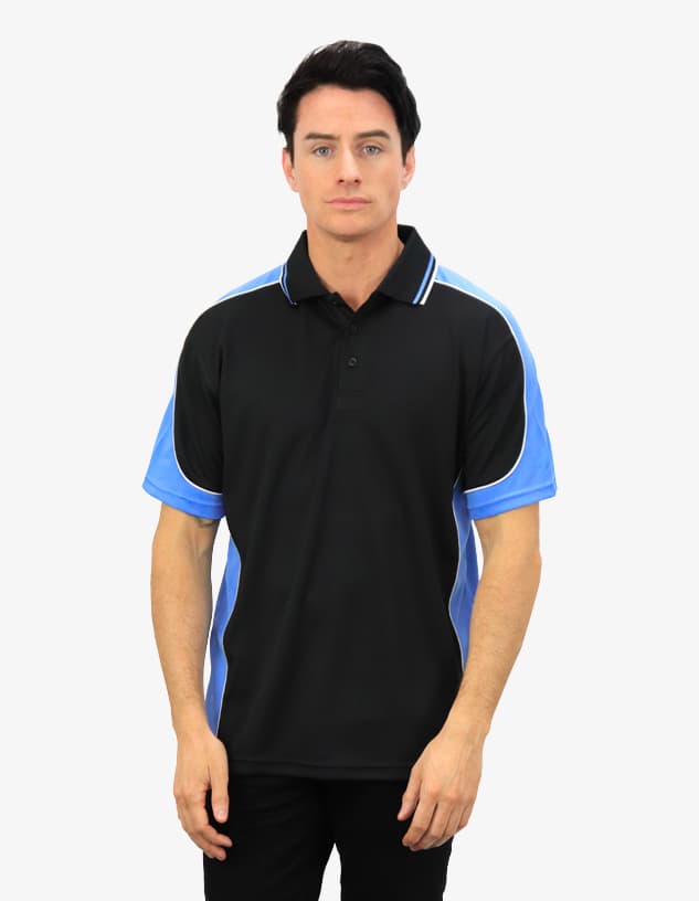 A black and blue polo shirt featuring a contrasting design and a logo on the front.