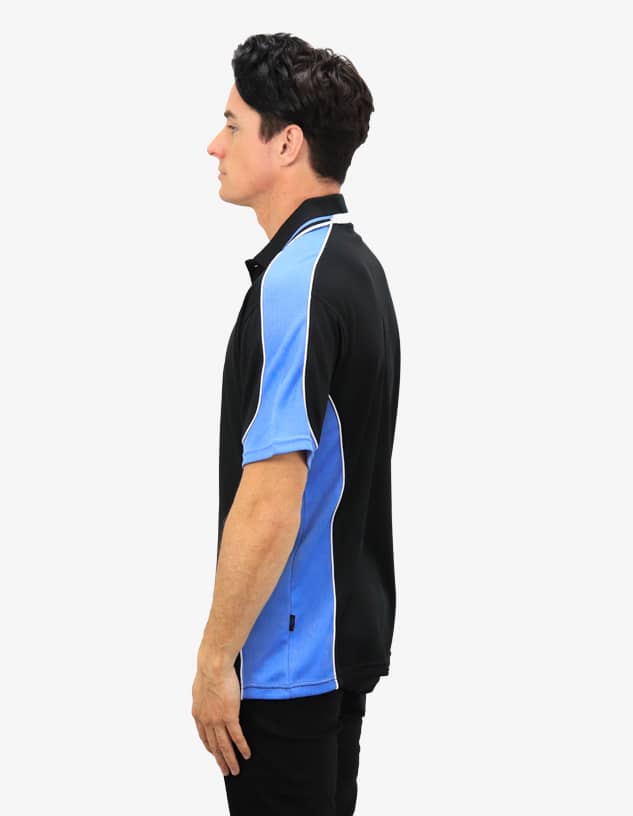 A polo shirt featuring a black body with blue side panels and white accents, complete with a logo.