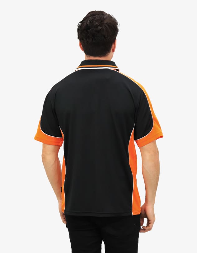 A polo shirt in black with orange accents, featuring a logo on the back.