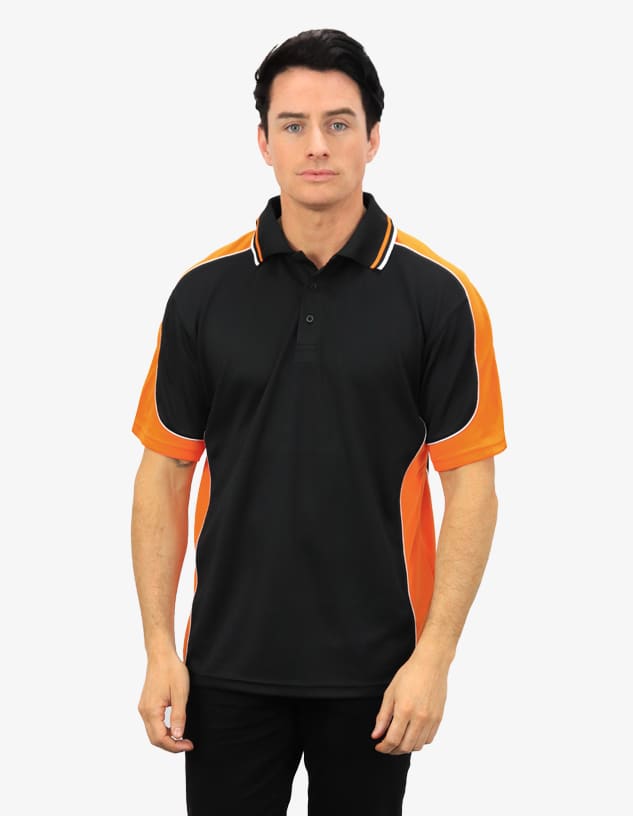 A man wearing a black polo shirt with orange accents and a logo on the chest.
