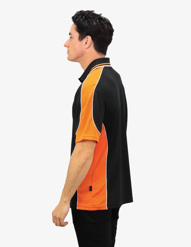 A polo shirt featuring black and orange colours with a logo, displayed on a model from the side.