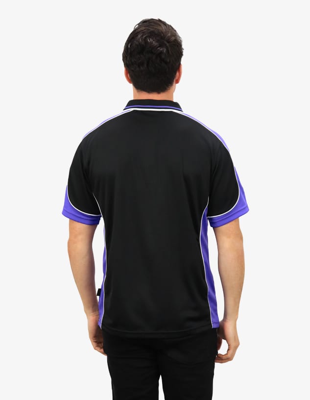 A black polo shirt with purple accents, featuring a logo on the back.
