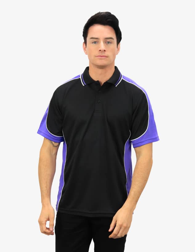 A black and purple polo shirt with short sleeves and a logo on the chest.