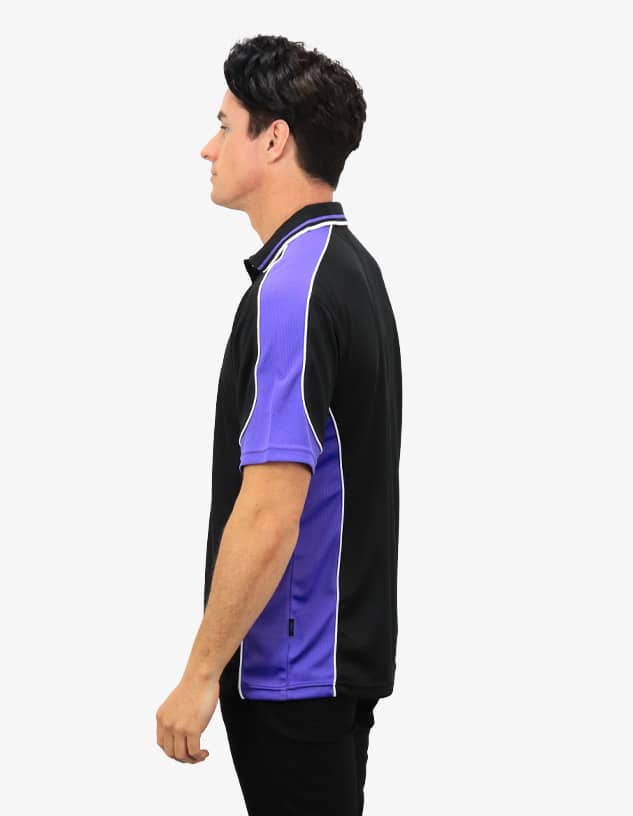 A black polo shirt with purple sleeves and white piping, featuring a logo on the chest.