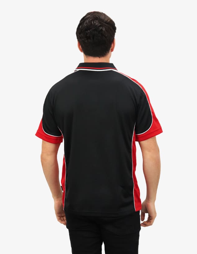 A polo shirt featuring a black body with red sleeves and piping, showcasing a logo.