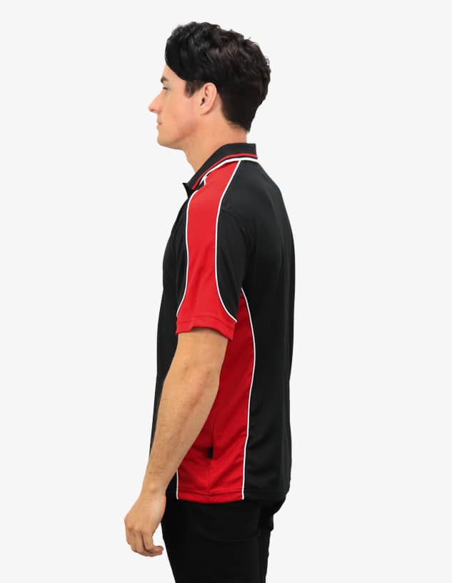 A black and red polo shirt featuring a logo and contrasting side panels.
