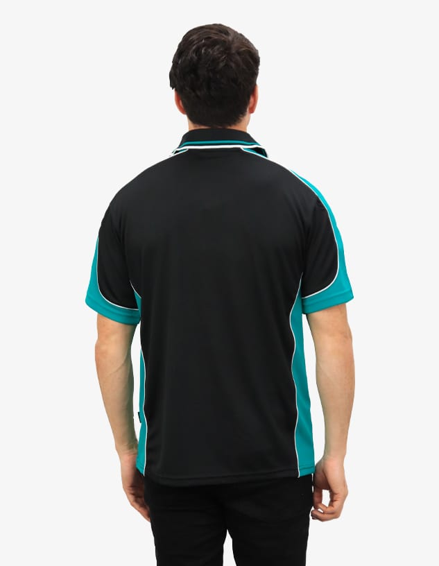 A black polo shirt with turquoise accents and a logo on the back.